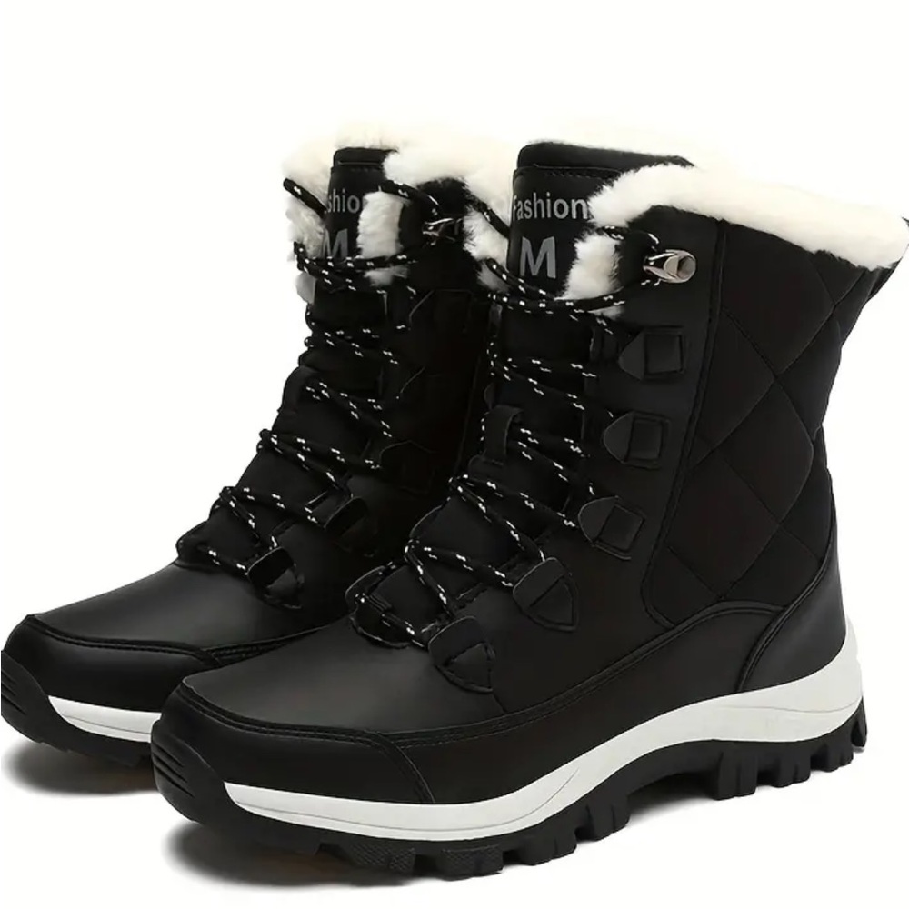 Black and White High-Top Winter Boots with Rubber Sole